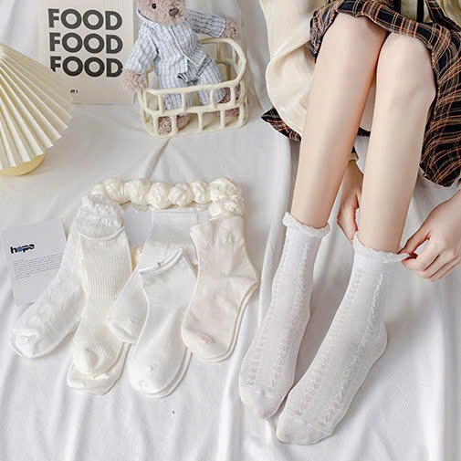 [XẢ NGHỈ TẾT] Set 10 đôi tất trắng xinh mix các họa tiết viền xinh , chất liệu cotton ấm áp cao cấp