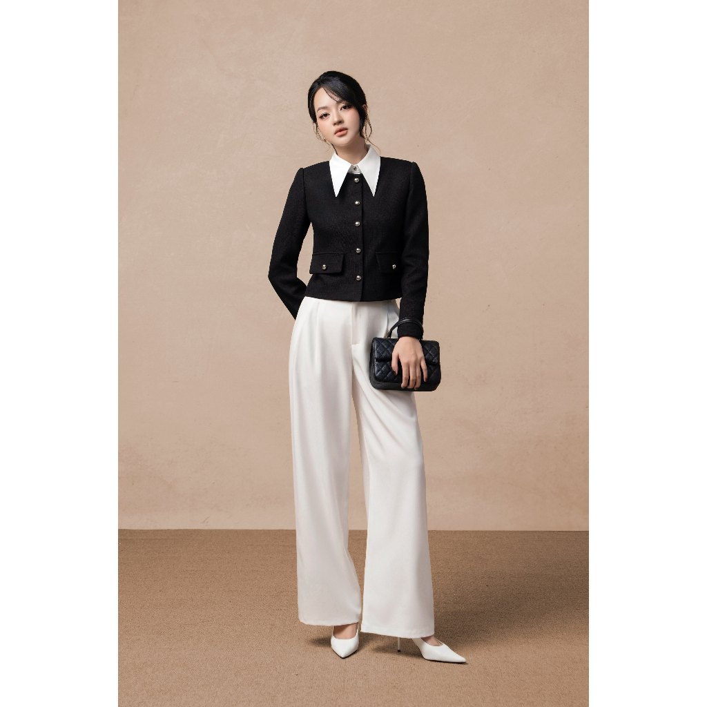 Áo khoác Tweed ELLA DORA thiết kế 7 cúc đồng form đứng thanh lịch sang trọng 2 màu ĐEN/BE [K12]