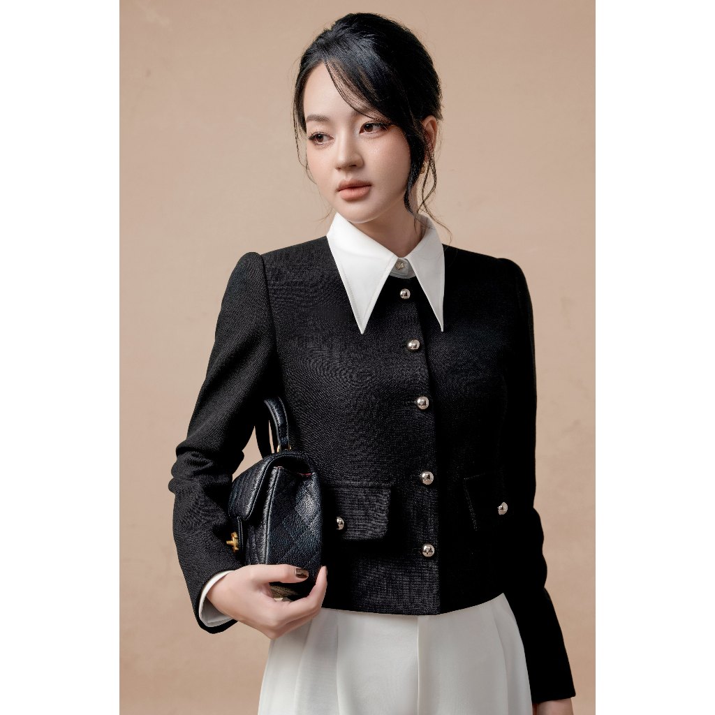 Áo khoác Tweed ELLA DORA thiết kế 7 cúc đồng form đứng thanh lịch sang trọng 2 màu ĐEN/BE [K12]