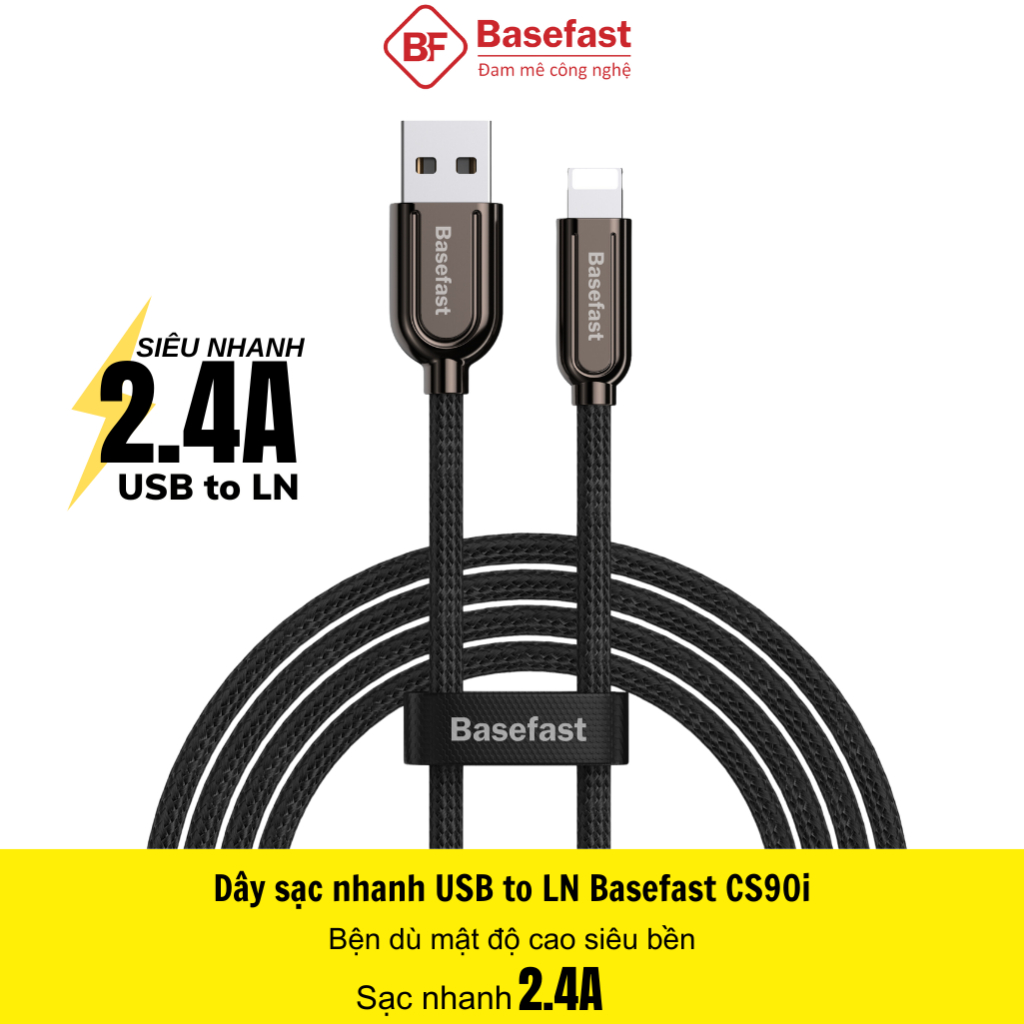 Dây sạc nhanh cao cấp Basefast cáp dù đầu bọc kim loại siêu bền cho Phone 8 plus xs max 11 12 13 pro