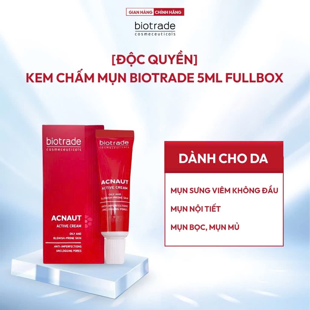 Bộ đôi giảm mụn Biotrade Acnaut Active Cream 5ml & Lotion 15ml giảm mụn sưng đỏ, mụn bọc, mụn mủ