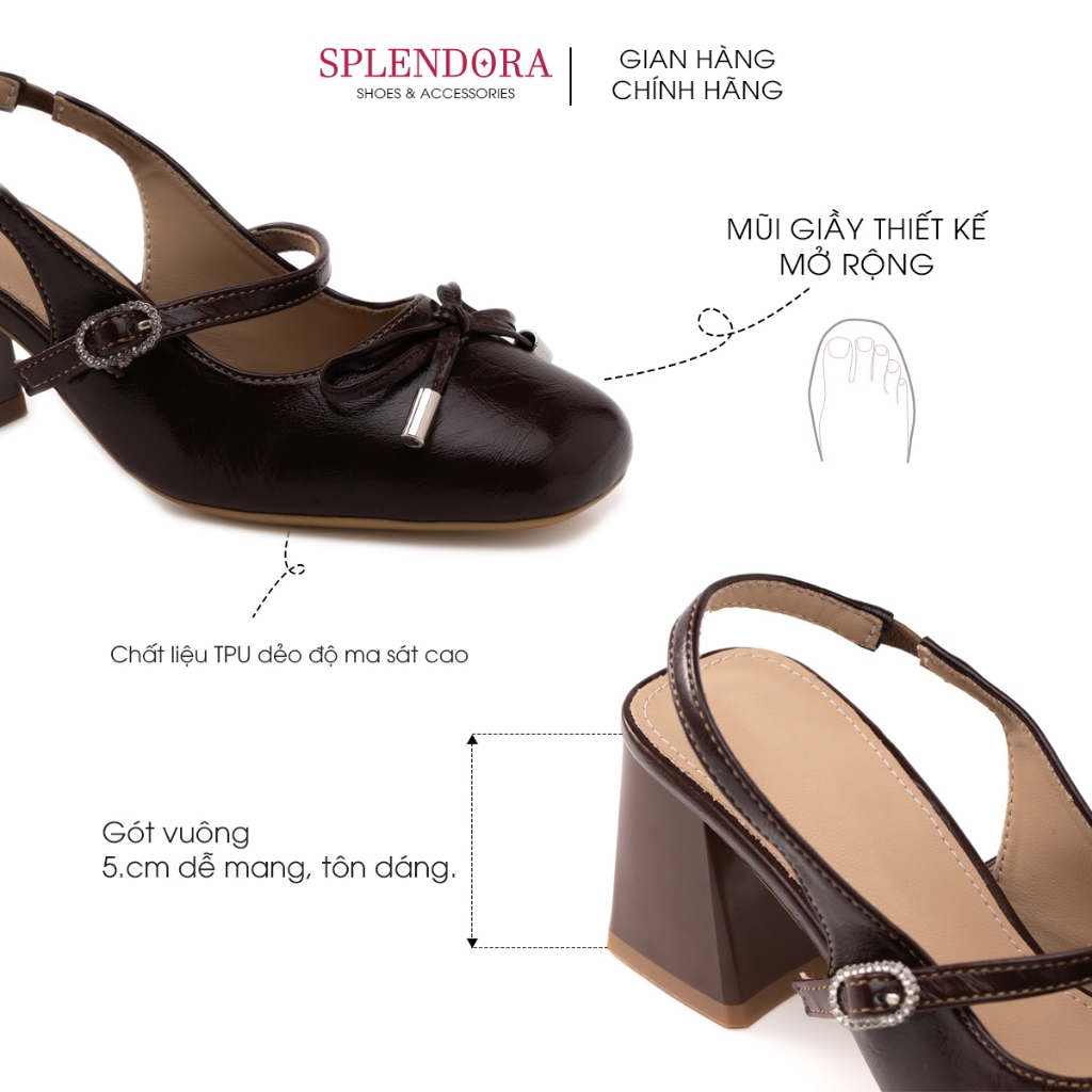Giày Slingback Nữ Splendora Đính nơ Gót Vuông Chắc Chắn Da PU Trơn Lì Cao Cấp 5cm_M3