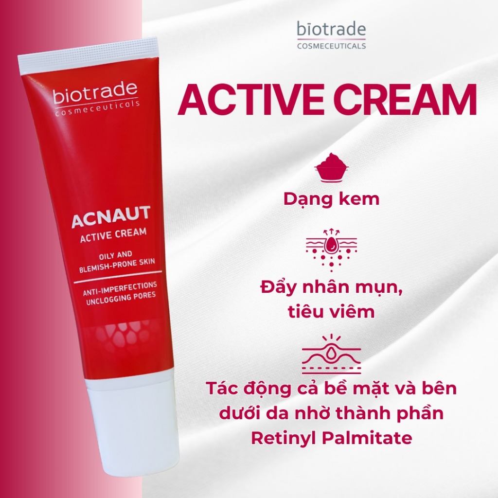 [CHÍNH HÃNG] Combo Biotrade Acnaut Active Cream 15ml & Lotion 15ml giảm mụn sưng đỏ, mụn bọc, mụn mủ