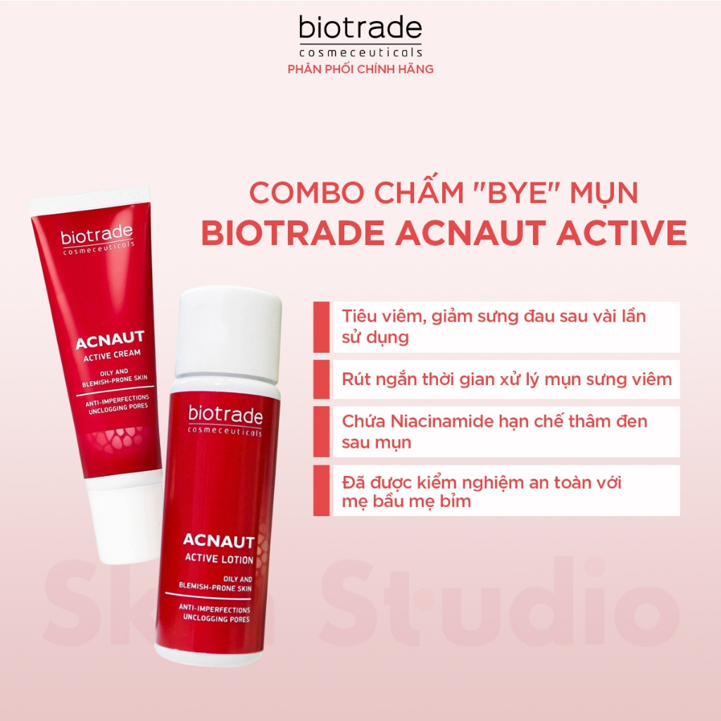 [CHÍNH HÃNG] Combo Biotrade Acnaut Active Cream 15ml & Lotion 15ml giảm mụn sưng đỏ, mụn bọc, mụn mủ
