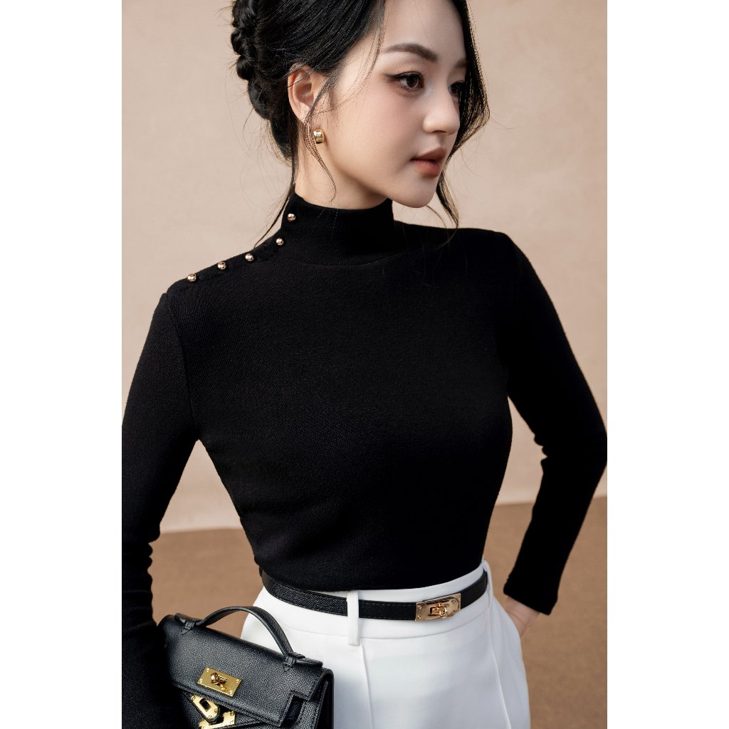 Áo len nữ ELLA DORA thiết kế cúc vai dáng gọn co giãn nhẹ sang trọng dễ phối đồ 2 màu ĐỎ/ĐEN [AT56]