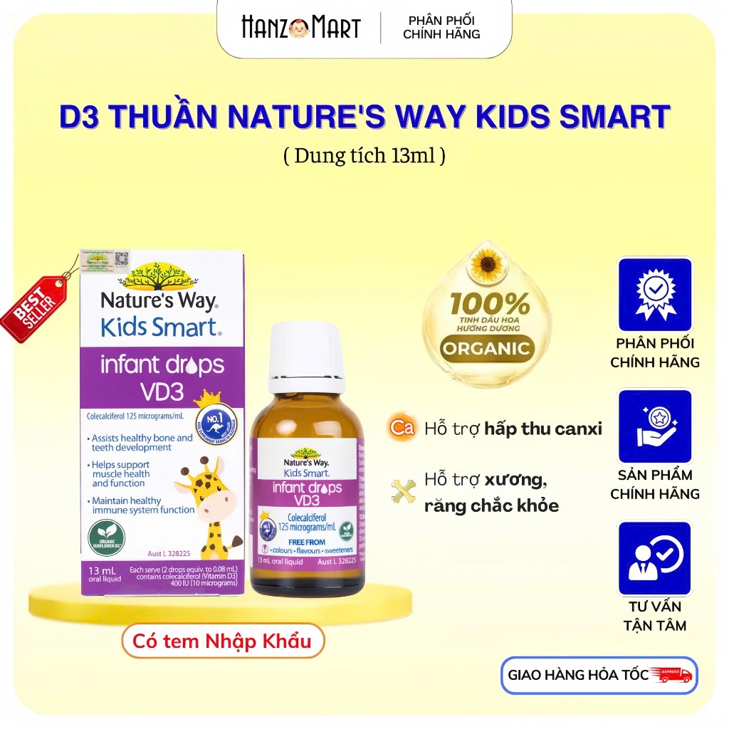 D3 Thuần Chay Organic Cho Bé Nature's Way Kids Smart Infant Drops VD3, Chiết Xuất Từ Tinh Dầu Hoa Hướng Dương - Hộp 13ml