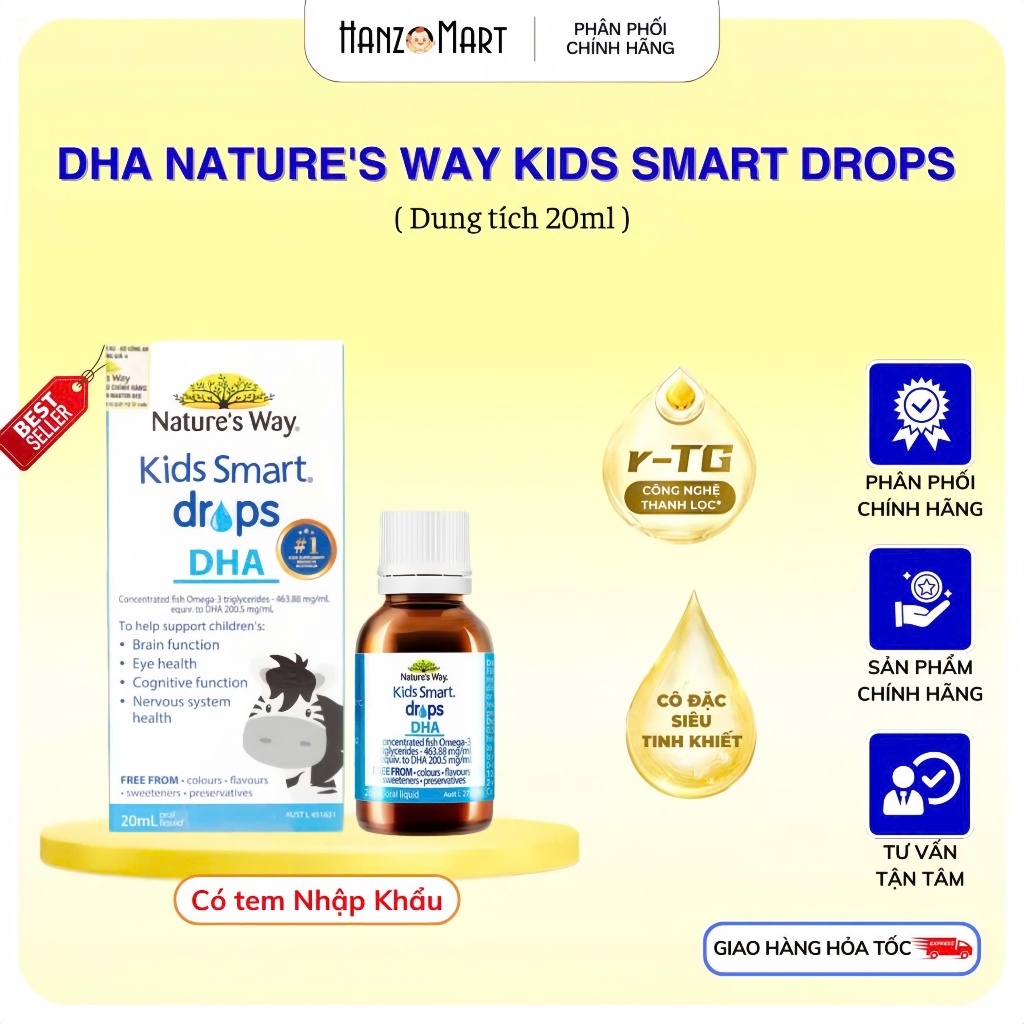 DHA Drops Nature's Way Kids Smart Drops Siro Thông Minh Bổ Sung DHA EPA, Hỗ Trợ Bổ Não Và Mắt Cho Bé 20ml