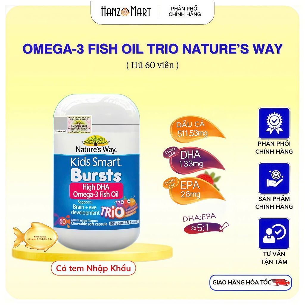 Viên Nhai Dầu Cá Ba Màu Nature's Way Omega-3 Fish Oil Trio Hỗ Trợ Tốt Cho Não Bộ Và Mắt Bé 60 Viên