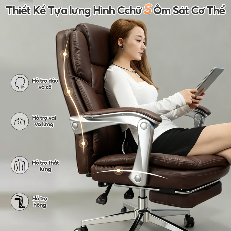 Ghế giám đốc lưng tựa AURAWELL Chất liệu PU dày, Có Gác Chân, Rộng 73cm, Tải trọng 300kg-T112