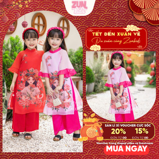Bộ áo dài tơ Cao Cấp + Quần Lụa Mềm Bé Gái In Hình Cô Gái J9333  Phù Hợp 2-10 Tuổi