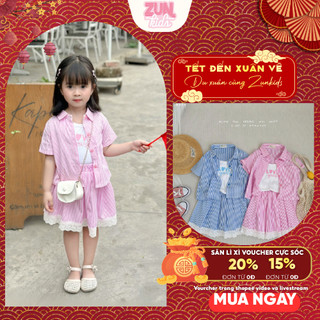 Set 3 Món Bé gái Kẻ Sọc Cotton LOVE YOURSHELF AZB538 – Áo Thun Trắng + Áo Sơmi + Chân Váy Ren Xinh