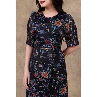 SWANLAKE | Váy Đầm Nữ Maxi Suông Vải Tơ In Hoa Cổ Tròn Tay Bí Phồng Chiết Eo Đi Tiệc Công Sở D13245