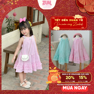 Đầm Bé Gái Cổ Yếm Đính Tulip AZD526 – Váy Thô Cotton Sọc Xinh Xắn Cao Cấp