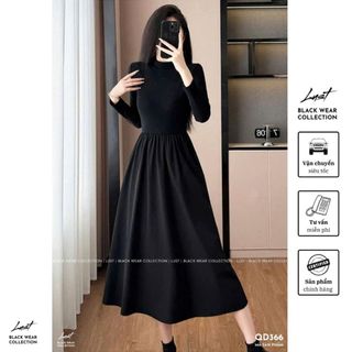 Đầm nữ đen thiết kế dài tay cổ cao basic LUST Váy nữ ôm body tôn dáng chất cotton dày dặn QD366