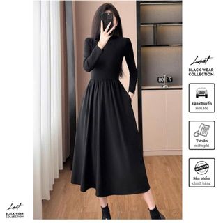 Đầm nữ đen thiết kế dài tay cổ cao basic LUST Váy nữ ôm body tôn dáng chất cotton dày dặn QD366