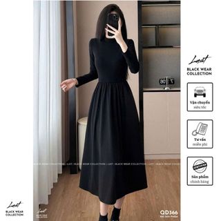 Đầm nữ đen thiết kế dài tay cổ cao basic LUST Váy nữ ôm body tôn dáng chất cotton dày dặn QD366