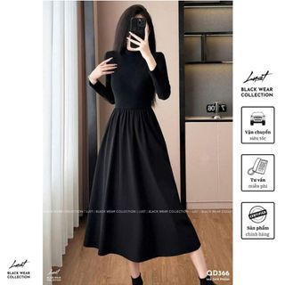 Đầm nữ đen thiết kế dài tay cổ cao basic LUST Váy nữ ôm body tôn dáng chất cotton dày dặn QD366