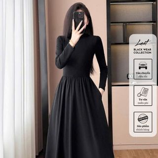 Đầm nữ đen thiết kế dài tay cổ cao basic LUST Váy nữ ôm body tôn dáng chất cotton dày dặn QD366