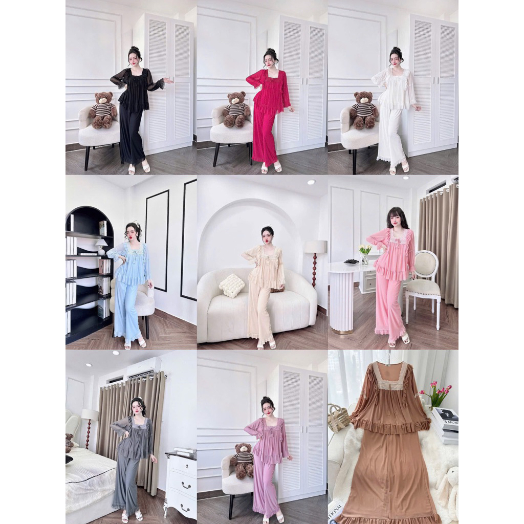 Bộ đồ ngủ mặc nhà pijama Thun lưới phối bèo ren tiểu thư