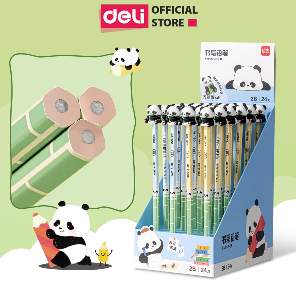 Bút Chì 2B Gấu Trúc Deli Bút Chì Thân Gỗ Chì Đen Đậm Nét Gọt Ít Vụn Phối Màu Dễ Thương Vẽ Tranh Tập Viết Cho Bé