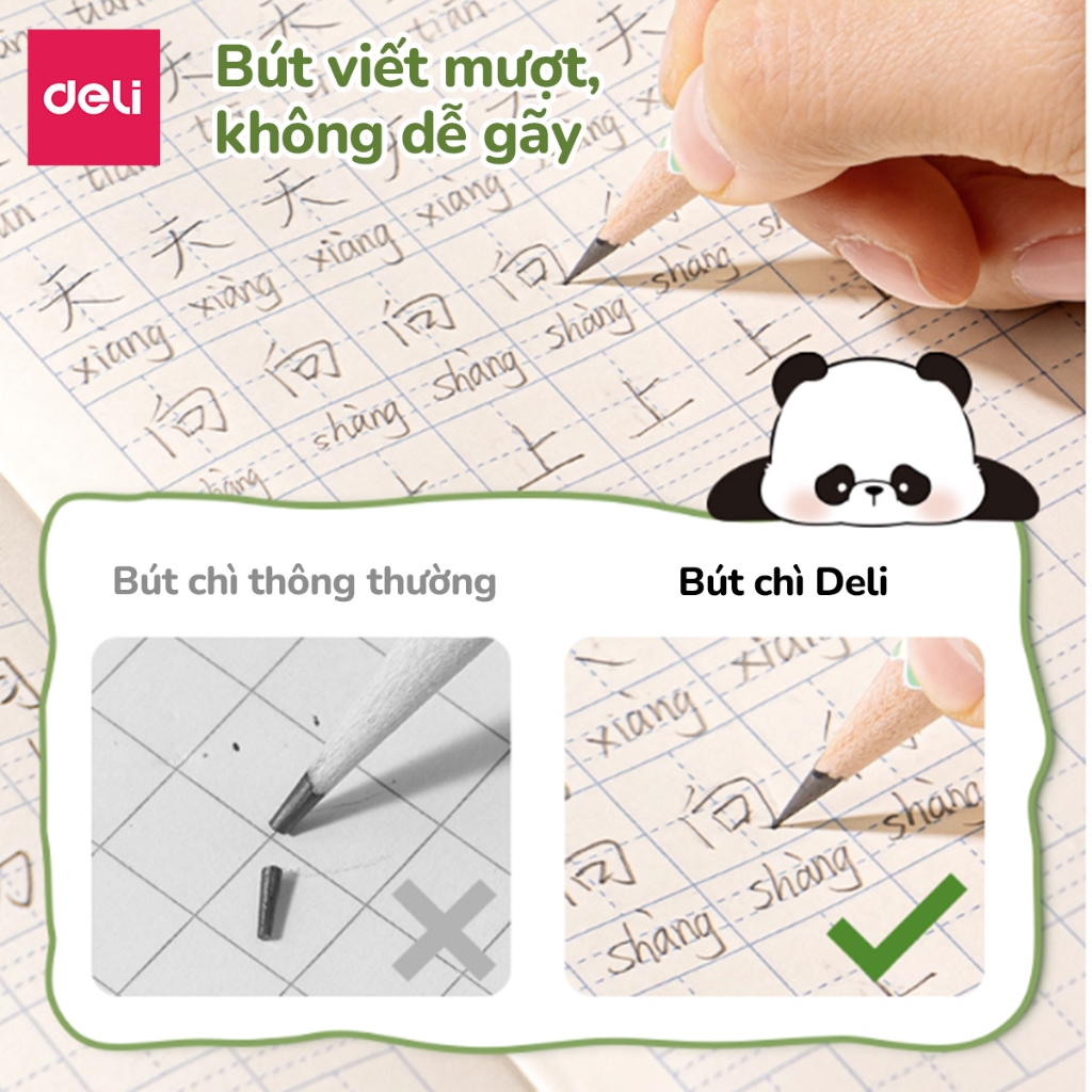 Bút Chì 2B Gấu Trúc Deli Bút Chì Thân Gỗ Chì Đen Đậm Nét Gọt Ít Vụn Phối Màu Dễ Thương Vẽ Tranh Tập Viết Cho Bé