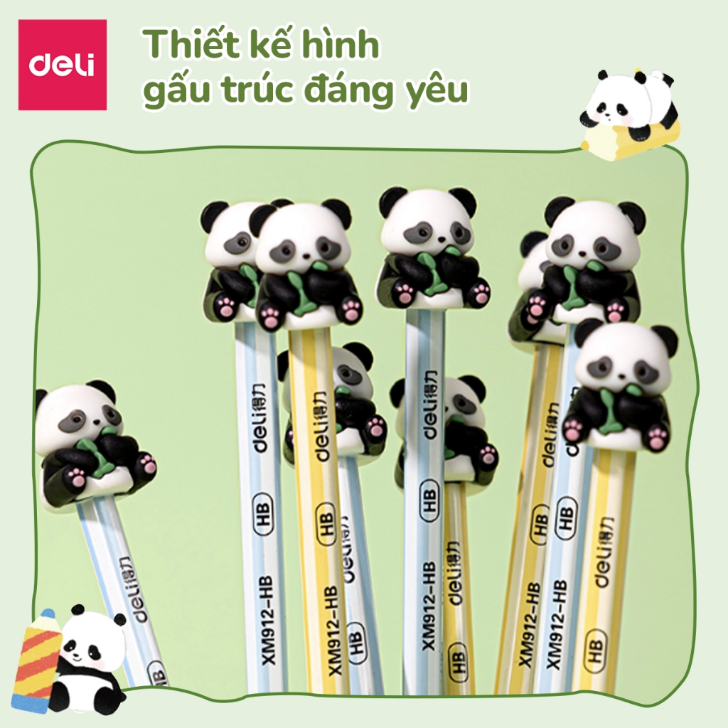 Bút Chì 2B Gấu Trúc Deli Bút Chì Thân Gỗ Chì Đen Đậm Nét Gọt Ít Vụn Phối Màu Dễ Thương Vẽ Tranh Tập Viết Cho Bé