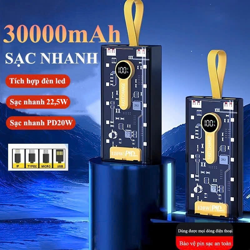 Sạc dự phòng 30000mAh trong suốt với cổng sạc nhanh 22,5W PD 20W kèm 4 đầu cáp sạc màn hình led