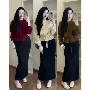 Áo len mềm cài khuy bọc buộc eo dài tay dày dặn