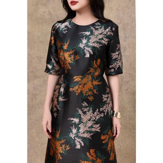 SWANLAKE | Váy Đầm Nữ Maxi Suông Cổ Tròn Vải Gấm Bông Chiết Eo Tay Lỡ Sang Trọng Đi Tiệc D13279