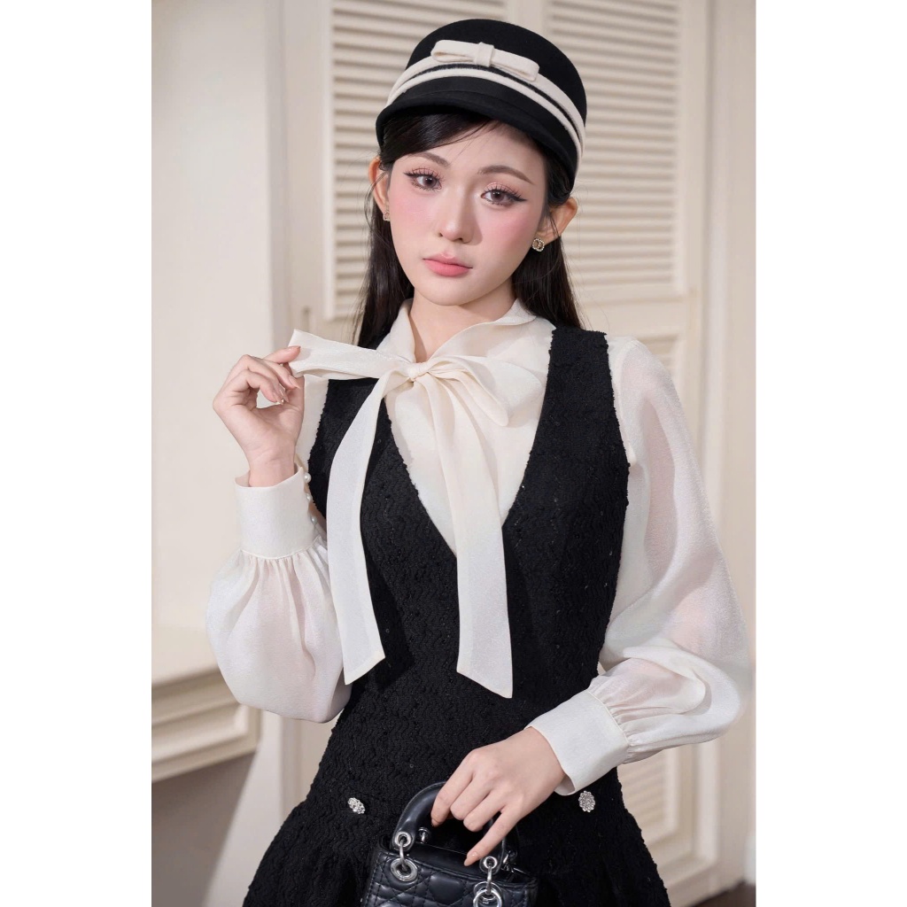 NH CLOTHER - Đầm dạ hội đen kem dáng tiểu thư quý phái