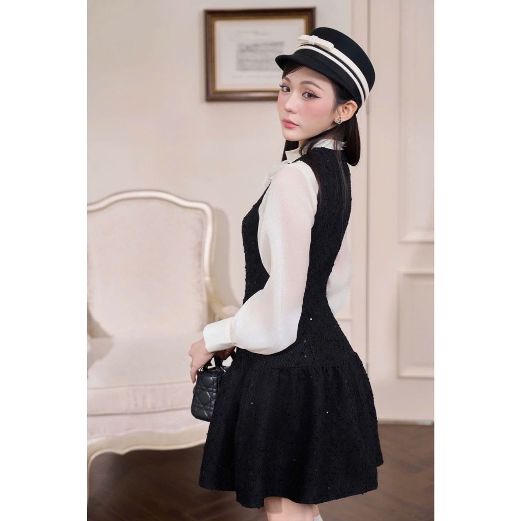 NH CLOTHER - Đầm dạ hội đen kem dáng tiểu thư quý phái