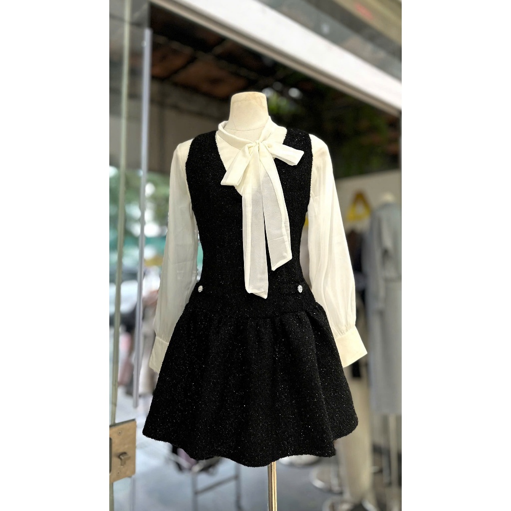 NH CLOTHER - Đầm dạ hội đen kem dáng tiểu thư quý phái