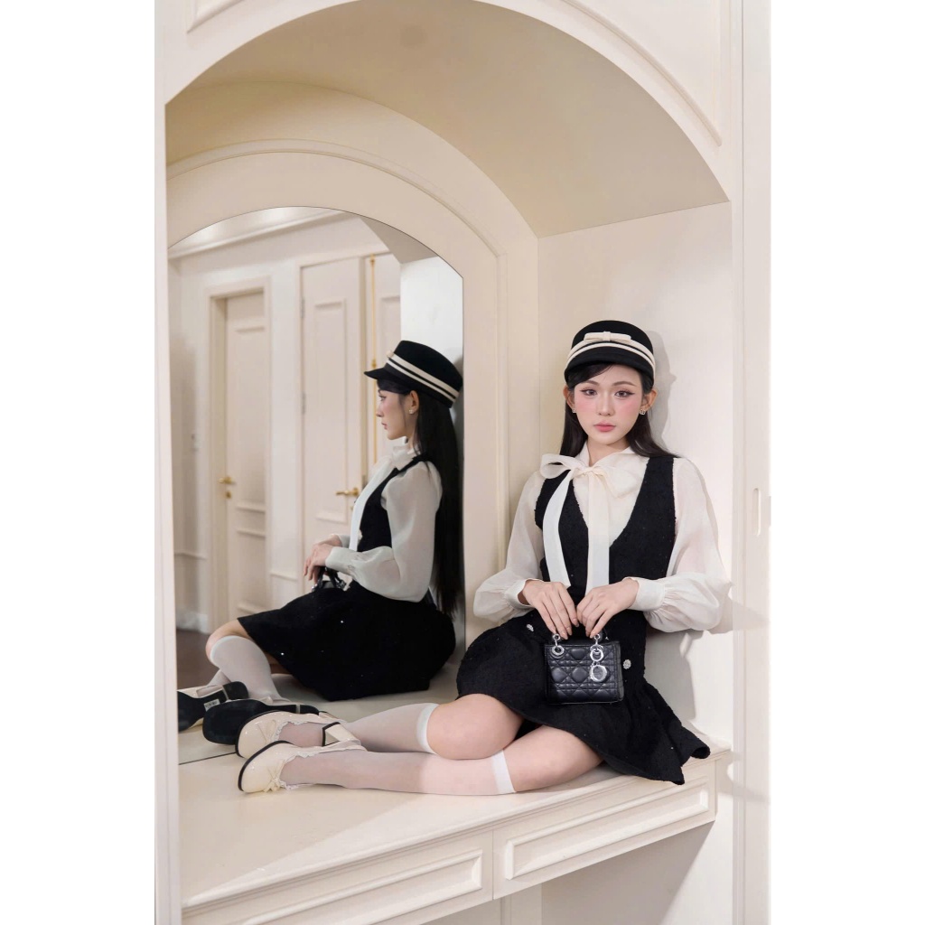 NH CLOTHER - Đầm dạ hội đen kem dáng tiểu thư quý phái