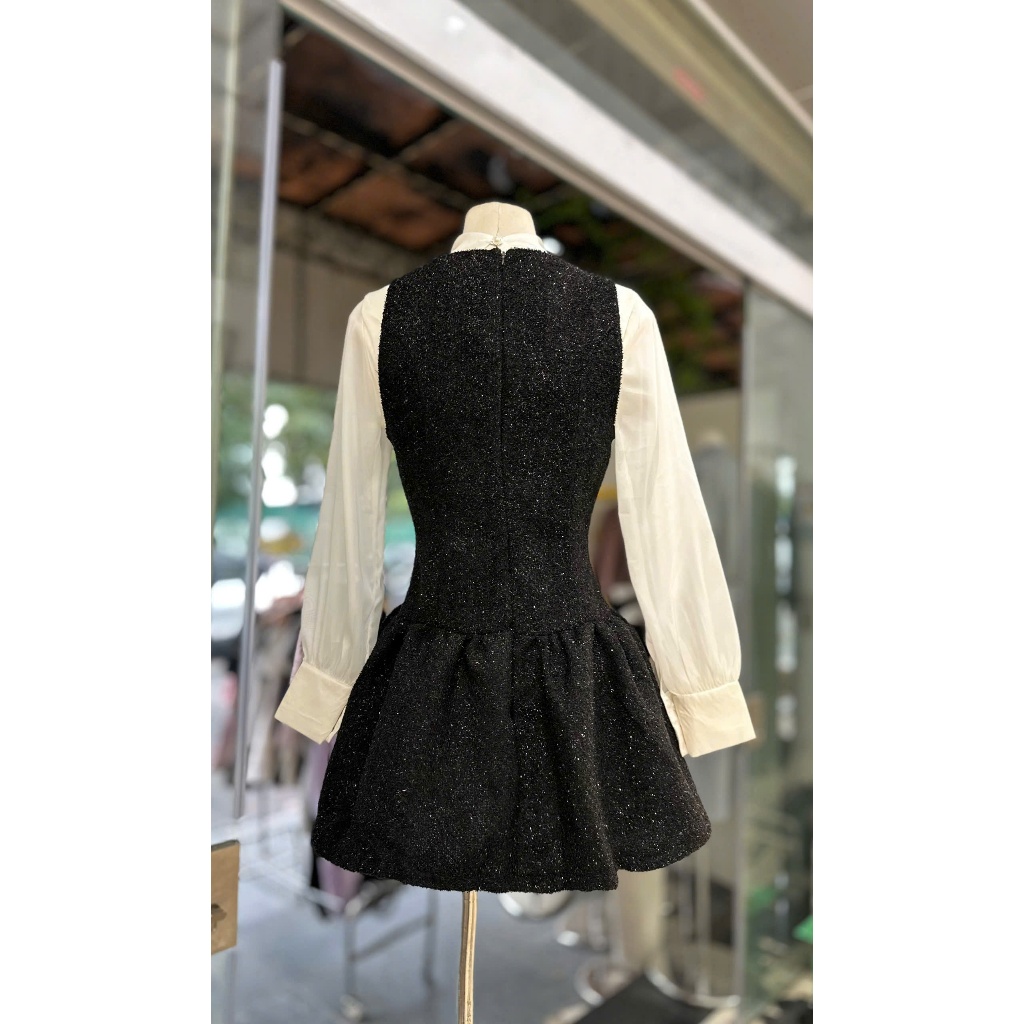 NH CLOTHER - Đầm dạ hội đen kem dáng tiểu thư quý phái