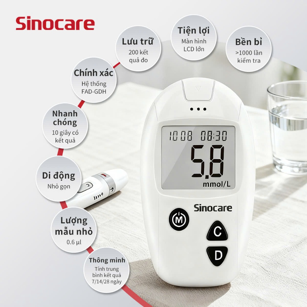 Mẫu Mới Máy Đo Đường Huyết Safe Accu Chính Hãng Sinocare Tặng Kèm Que và Kim
