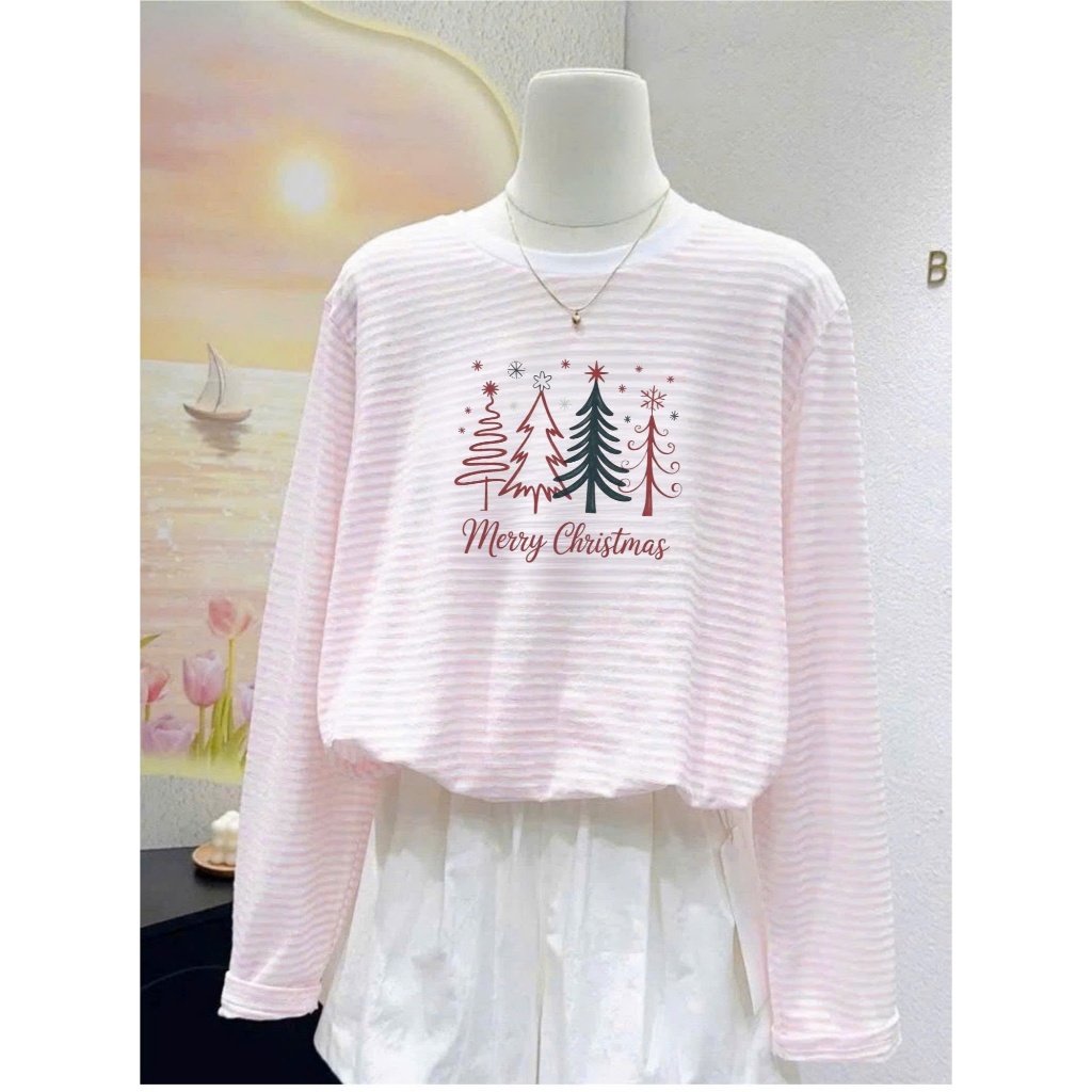 Áo dài tay kẻ sọc Hồng in hình Noel, Giáng sinh ngọt ngào JULY FASHION, Áo phông nữ tay dài chất cotton mềm mịn ấm áp