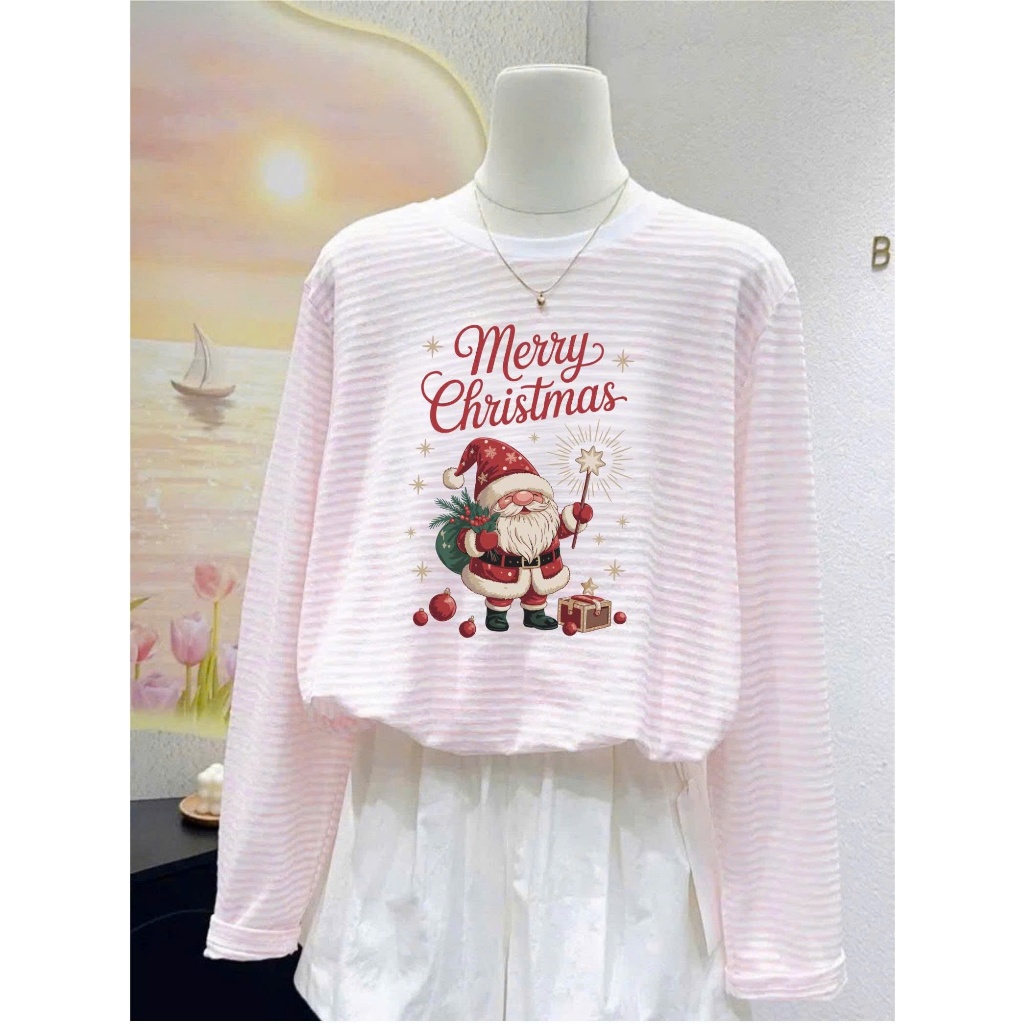 Áo dài tay kẻ sọc Hồng in hình Noel, Giáng sinh ngọt ngào JULY FASHION, Áo phông nữ tay dài chất cotton mềm mịn ấm áp