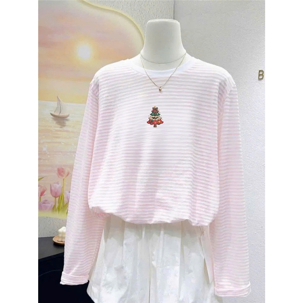 Áo dài tay kẻ sọc Hồng in hình Noel, Giáng sinh ngọt ngào JULY FASHION, Áo phông nữ tay dài chất cotton mềm mịn ấm áp