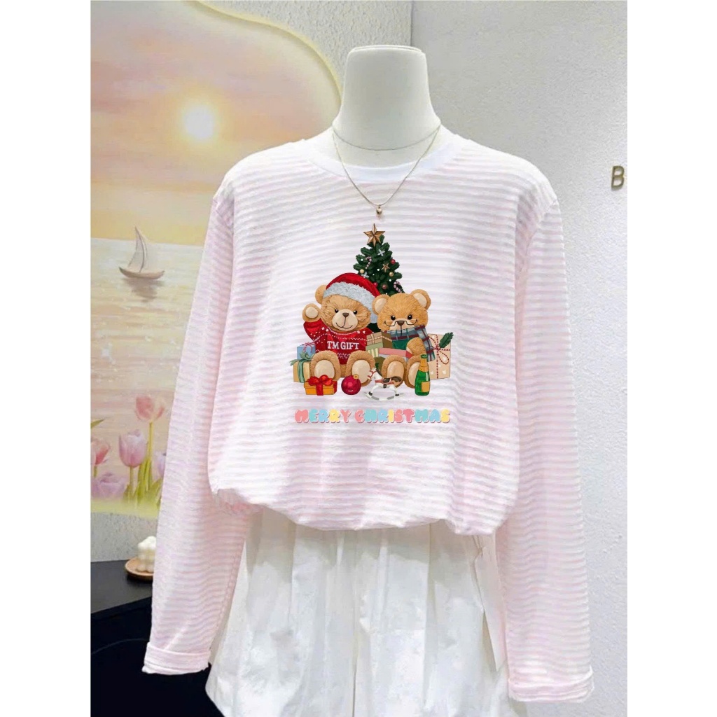 Áo dài tay kẻ sọc Hồng in hình Noel, Giáng sinh ngọt ngào JULY FASHION, Áo phông nữ tay dài chất cotton mềm mịn ấm áp