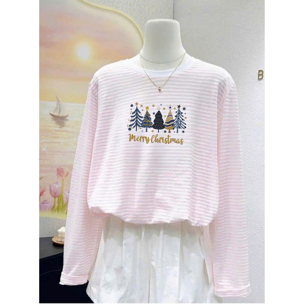 Áo dài tay kẻ sọc Hồng in hình Noel, Giáng sinh ngọt ngào JULY FASHION, Áo phông nữ tay dài chất cotton mềm mịn ấm áp