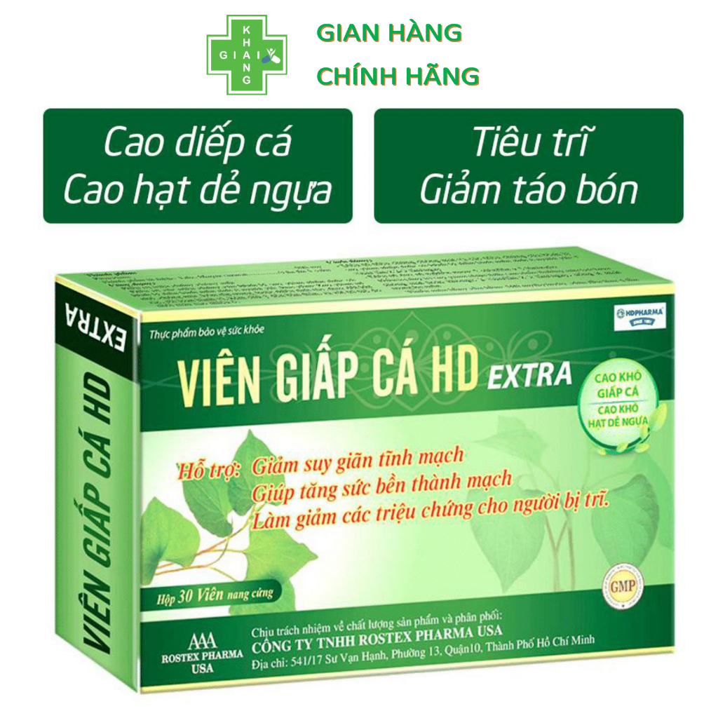 Viên uống giấp cá HD Extra 100% từ thiên nhiên, giúp cải thiện giãn tĩnh mạch, hạn chế trĩ, táo bón (Hộp 30 viên)