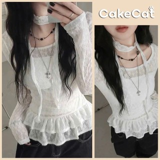 Áo Dài Tay Nữ CakeCat Nhún Eo Tầng Viền Ren Dáng Ôm Tôn Dáng Phong Cách Hàn Quốc