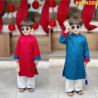 Sét áo Dài cho bé trai mặc tết, bộ áo dài nam chất lụa gấm in hình lân dịp lễ tết, đi chơi, lễ hội DA10 - BEEKIDS