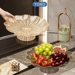 Đĩa Nhựa Viền Vàng Cao Cấp Decor Đựng Trái Cây, Khay Bày Hoa Quả Đế Cao Phong Cách Bắc Âu Decor Phòng Khách