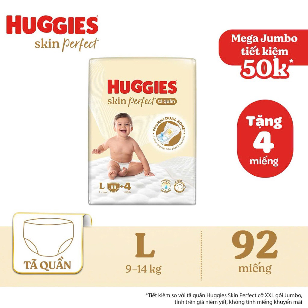 Tã Dán/ quần Huggies Skin Perfect Mega Jumbo cỡ M/L/XL/XXL với 2 vùng thấm giảm kích ứng da hl