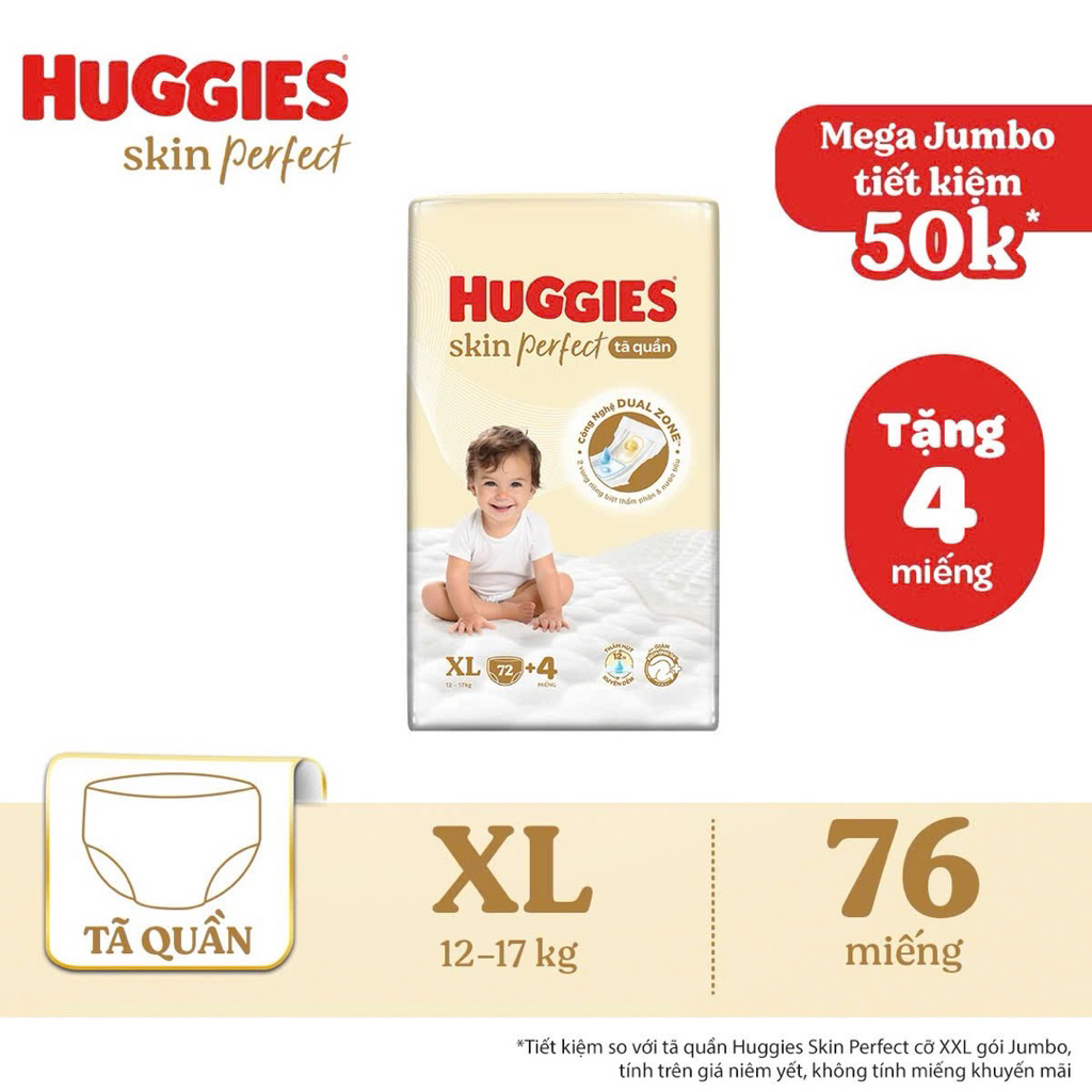 Tã Dán/ quần Huggies Skin Perfect Mega Jumbo cỡ M/L/XL/XXL với 2 vùng thấm giảm kích ứng da hl