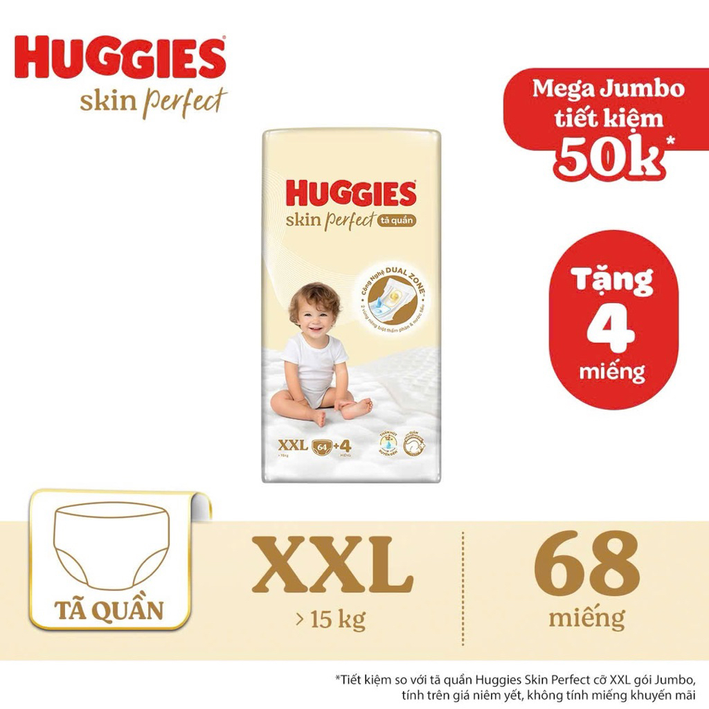 Tã Dán/ quần Huggies Skin Perfect Mega Jumbo cỡ M/L/XL/XXL với 2 vùng thấm giảm kích ứng da hl