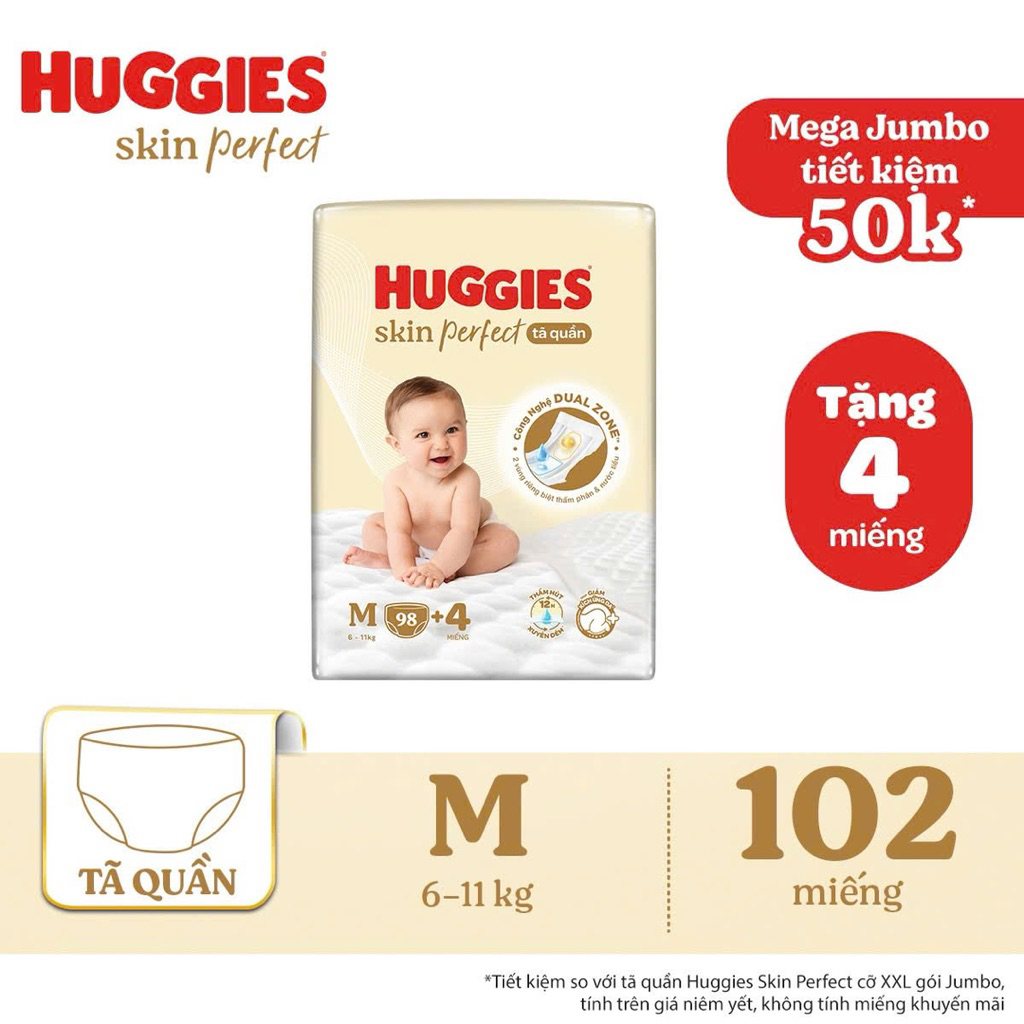 Tã Dán/ quần Huggies Skin Perfect Mega Jumbo cỡ M/L/XL/XXL với 2 vùng thấm giảm kích ứng da tomca
