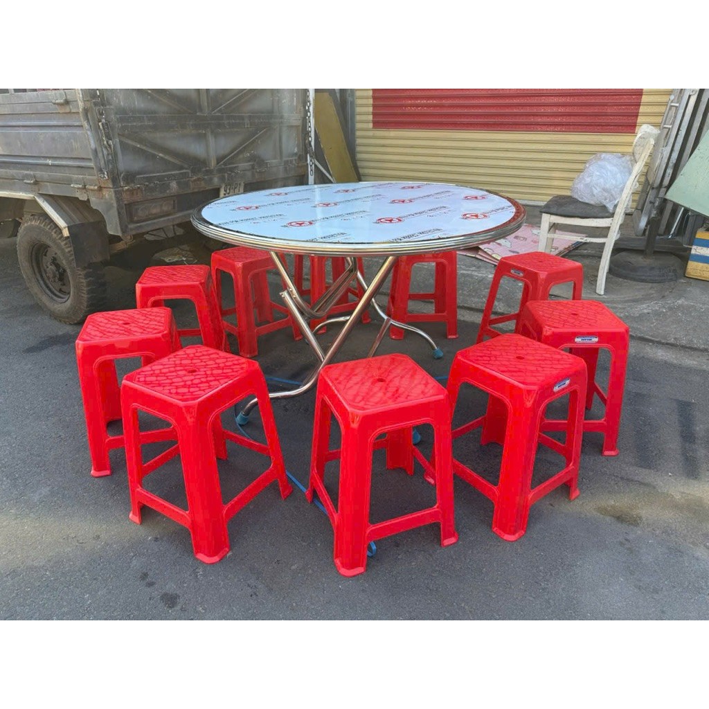 BÀN TRÒN INOX -KÈM 10 GHẾ NHỰA