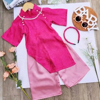 Bộ áo dài cho bé gái, Áo dài TẾT 2026 màu đỏ cách tân phối nơ chất lụa gấm size đại 43kg DA02 DA03- BIATON KIDS